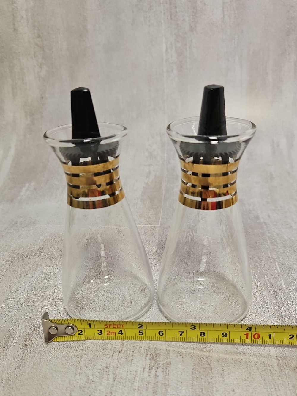 Vintage Pyrex MCM Atomic Salt and Pepper Shakers Gold Bands Clear Glass Set